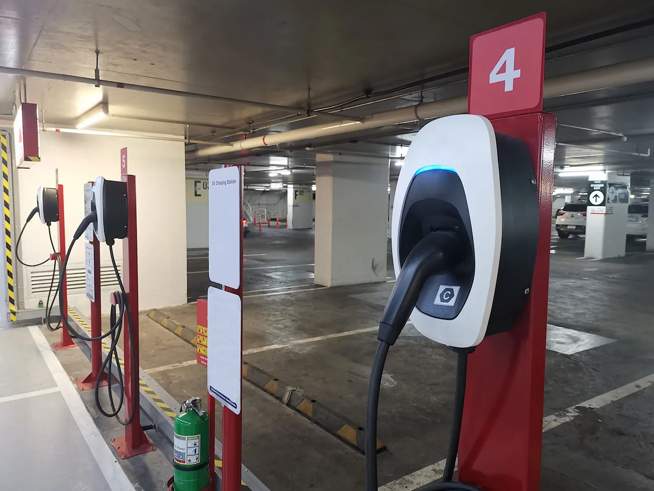 Commercial EV charging stations in a parking structure