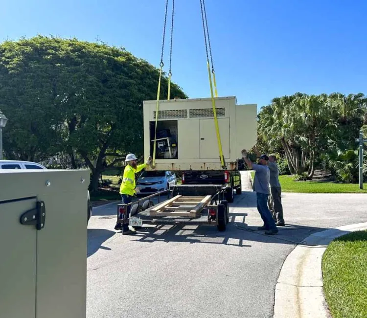 Crane lifting a large generator onto a trailer during a generator installation