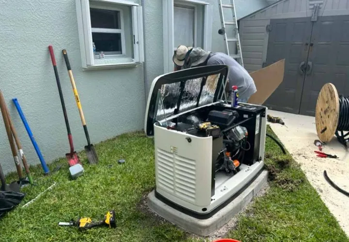 Technician installing a backup generator outside a Melbourne, FL home